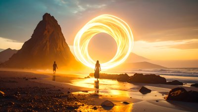 Woman, portal on beach at sunset, man distant.