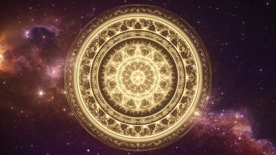 Golden Mandalas Radiating Light in Cosmic Nebulae, Evoking Wonder