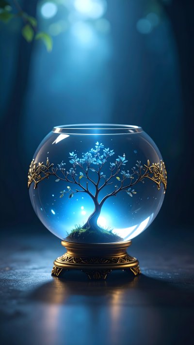 Magical crystal ball with glowing tree on golden base, blue light
