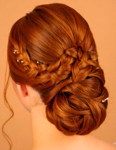Elegant Auburn Braided Updo with Delicate Embellishments