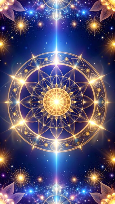 Glowing golden sacred geometry mandala with cosmic stars and lights