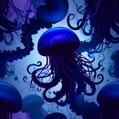 Abstract blue jellyfish and dark swirling tentacles deep underwater