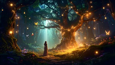 Enchanted forest glade with woman, glowing lights and magical flora