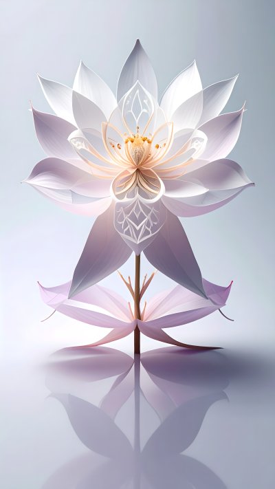 Ethereal white and pink lotus flower reflecting on bright surface