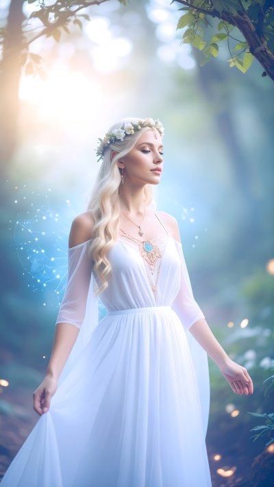 Serene blonde woman in white dress in magical forest w/ glowing par...