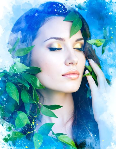 Golden makeup & leaves: ethereal woman's natural beauty.