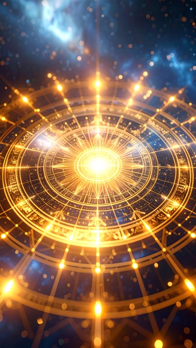 Mystical golden zodiac circle with light rays and celestial background