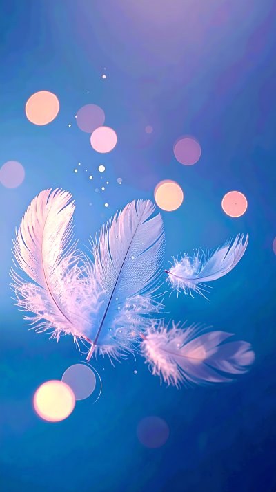 Soft white feathers floating on blue background with bokeh lights