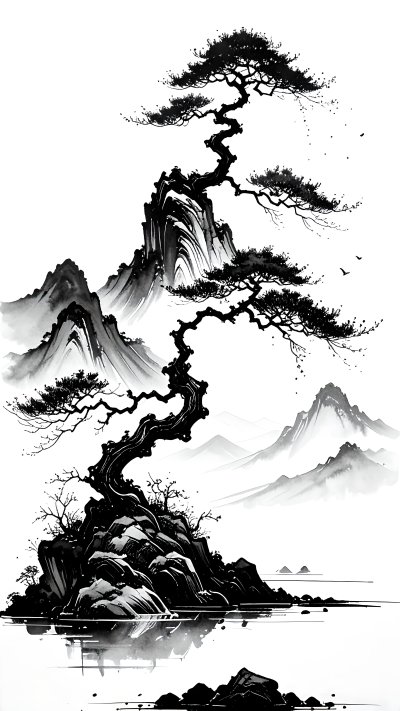 Traditional black & white ink landscape painting w/ gnarled pine tr...