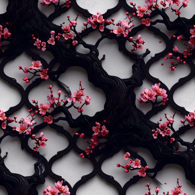 Elegant black panel with pink cherry blossoms