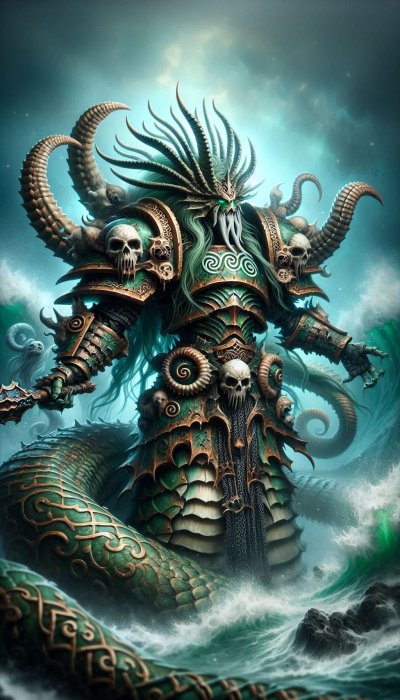 Sea Serpent Lord in Armor Rising from the Ocean