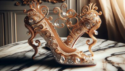 Ornate golden high heels with intricate filigree and sparkling jewels.