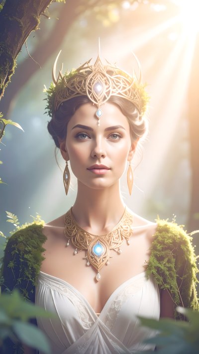 Mystical forest queen with golden crown in sunlit woods art