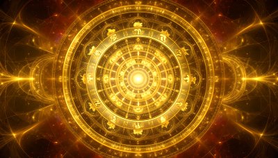 Mystical Golden Astrological Wheel Illuminating Cosmic Energy