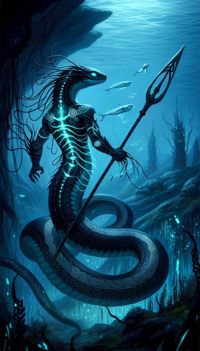 Serpentine humanoid with glowing blue accents holding trident underwat