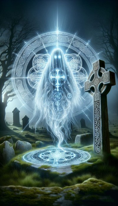 Spectral Celtic figure emerging from glowing circle in graveyard