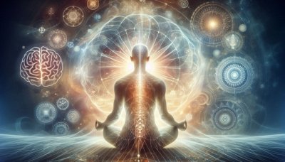 Meditating person radiating energy with cosmic brain patterns