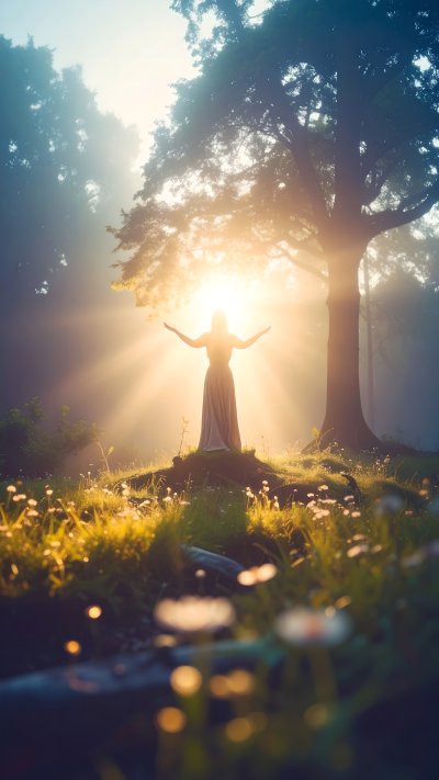 Silhouette person with raised arms in misty forest sunrise