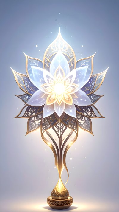 Luminous ornate lotus flower with gold accents on pedestal