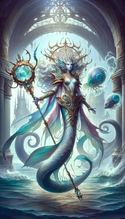 Majestic mermaid queen with staff among ancient ruins and creatures