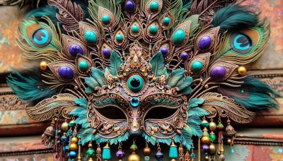 Ornate Venetian masquerade mask with peacock feathers