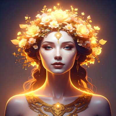 Radiant woman, golden crown, glowing aura, divine beauty