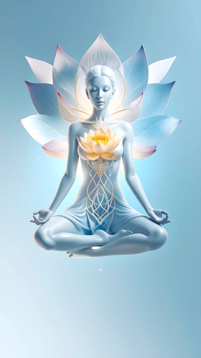 Ethereal figure meditating w/ lotus flowers & golden energy patterns