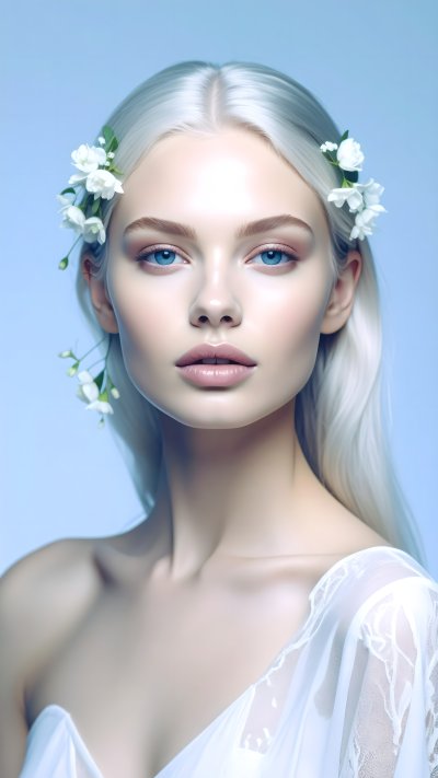 Young woman with blonde hair, blue eyes, and white flowers