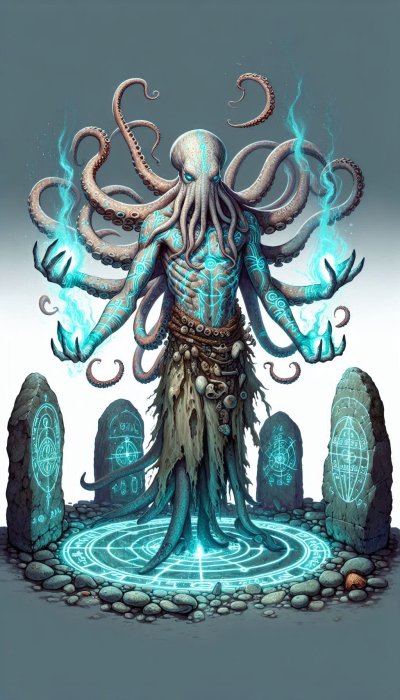 Octopus-human hybrid radiates blue magic among rune stones