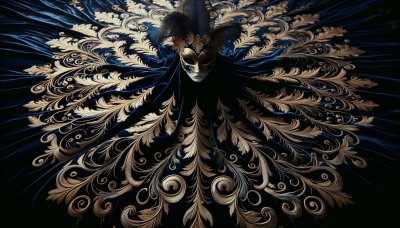 Venetian Mask with Feather Headdress and Gold Embroidery on Velvet