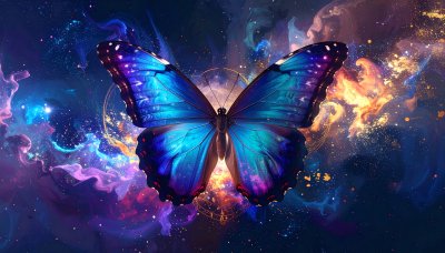 Cosmic butterfly with vibrant wings in an enchanted scene