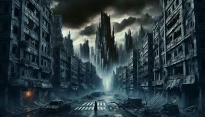 Desolate Apocalyptic Cityscape with Ruined Buildings and Solitary Figu