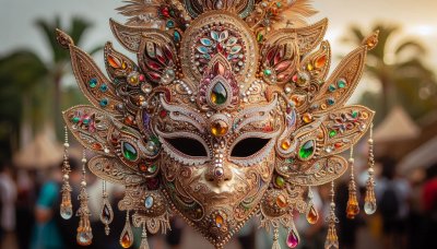 Golden Carnival Mask with Jewels and Ornate Details, Outdoor Backgroun