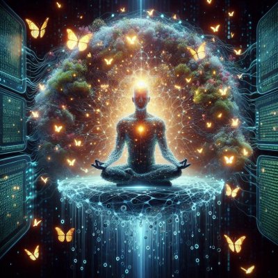 Meditating figure, glowing brain network, butterflies, tech screens