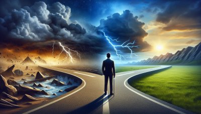 Man choosing between stormy path and sunny path at a crossroads
