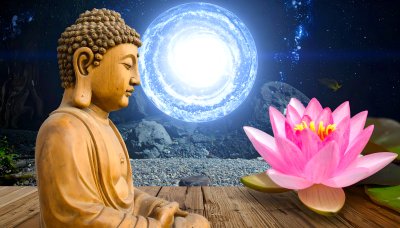 Buddha meditating under glow, pink lotus.