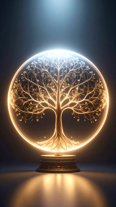 Golden glowing tree in crystal sphere on dark background