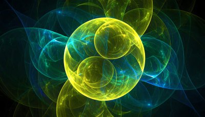 Abstract turquoise and yellow glowing spheres, cosmic mystery