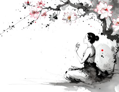 Woman meditating under cherry blossoms, ink wash art style.