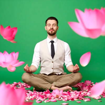 Man meditating on green screen with lotus flowers for compositing