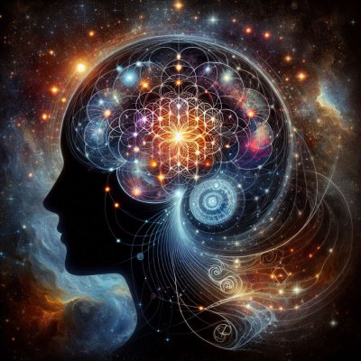 Cosmic Mind: Silhouette with universe patterns, consciousness and spir