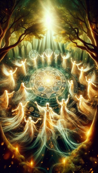 Celestial beings in ethereal light, in a mystical forest, visualizatio