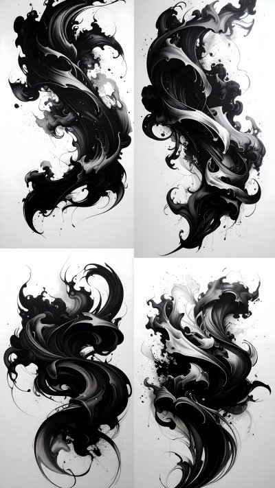 Dynamic black and white abstract swirling ink illustration