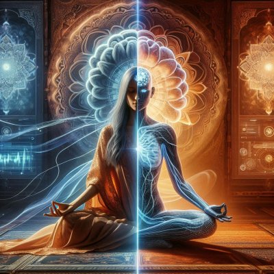Meditation and inner peace: A woman in a split illustration of body an