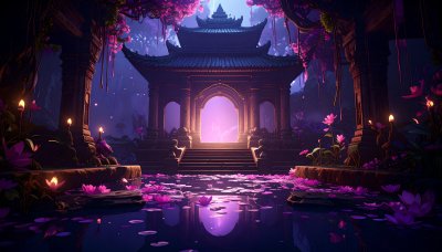 Enchanted temple in lily pond at twilight