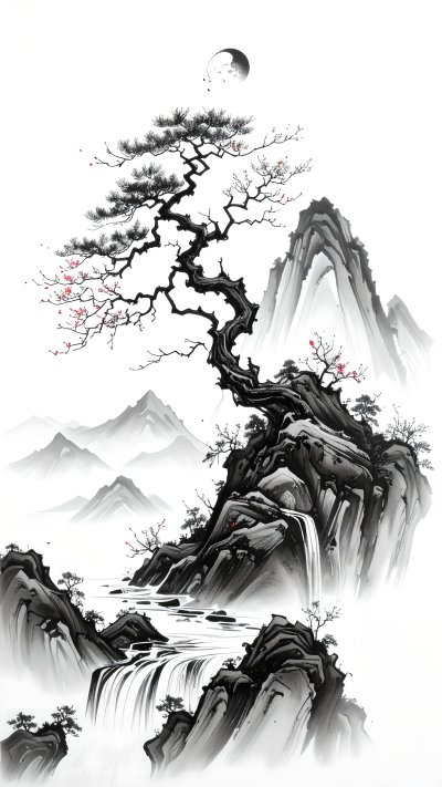 Traditional sumi-e mountain landscape w/ pine tree, waterfall, & moon