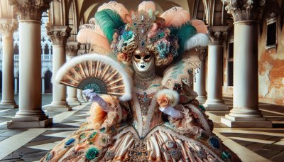 Venetian Carnival Costume: Masked Figure in Detailed Gown and Headdres