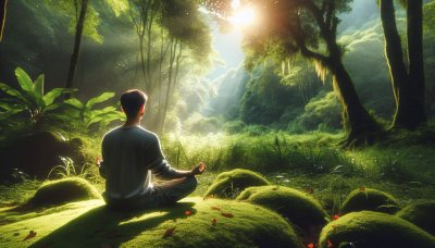 Meditating man in a sunlit forest, finding peace in nature