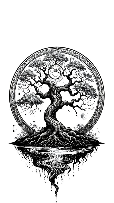 Black and white Tree of Life illustration with roots and circle frame