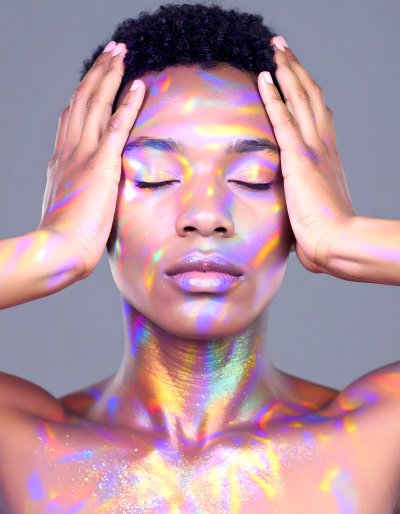 Magical rainbow light sparkles on a person's face and shoulders.